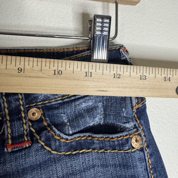 True Religion Shorts Womens 24 Blue Denim Raw Hem Distressed Cutoff Mid Rise y2k - Picture 4 of 10